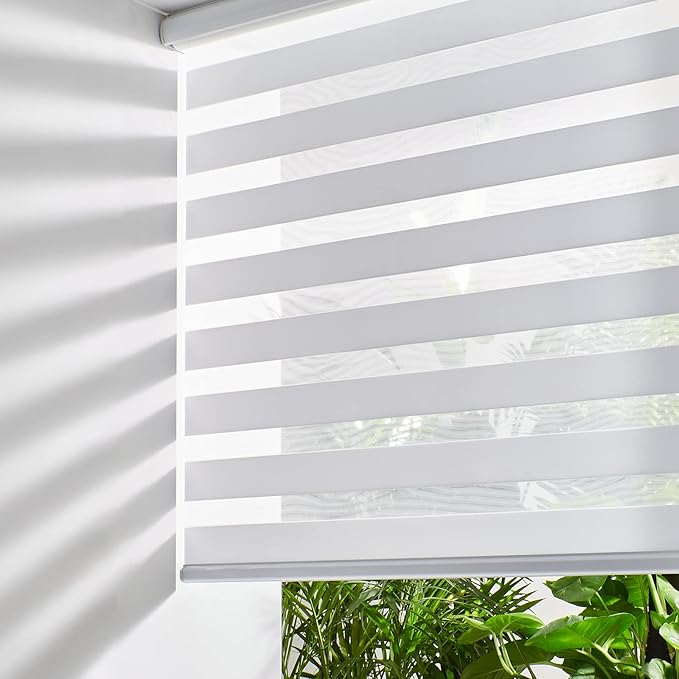 Persilux Cordless Zebra Blinds for Windows (45" W X 64" H, White) Free-Stop Roller Windows Shades Dual Layer Light Control for Day and Night, Light Filtering Sheer Shades for Home, Easy to Install