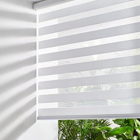 Persilux Cordless Zebra Blinds for Windows (55" W X 64" H, White) Free-Stop Windows Shades Dual Layer Light Control for Day and Night, Light Filtering Sheer Shades for Home, Easy to Install