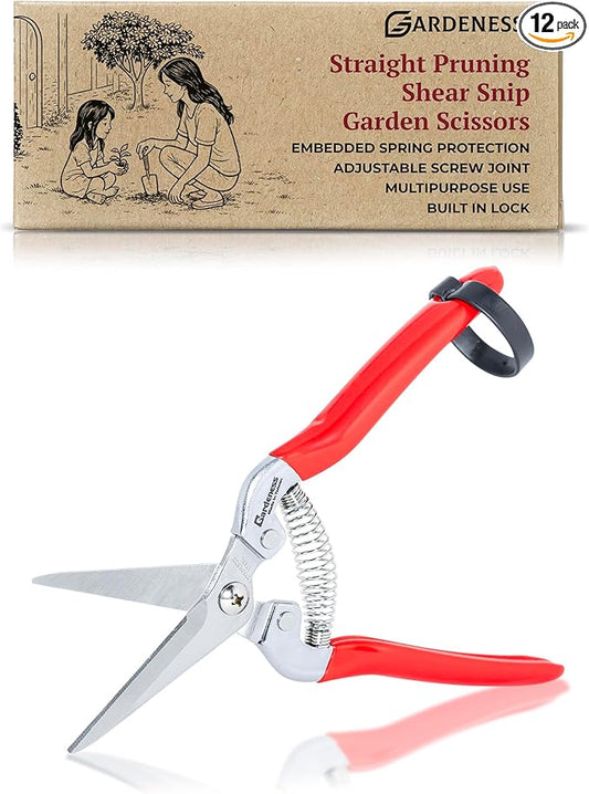 Gardeness 12PCS Pruning Shear Straight Pruning Snip with Stainless Steel Serrated Blade, Adjustable Joint Screw Micro Tip Garden Scissor for Arranging, Trimming, Harvesting Fruit, Vegetables