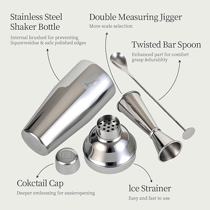 24oz Cocktail Shaker Set with 1 oz 2oz Jigger - Monogramm Initials Martini Shaker Set - 304 Stainless Steel Bar Shaker for Margarita,Mojito-Personalized Gift for Friend,Husband-M