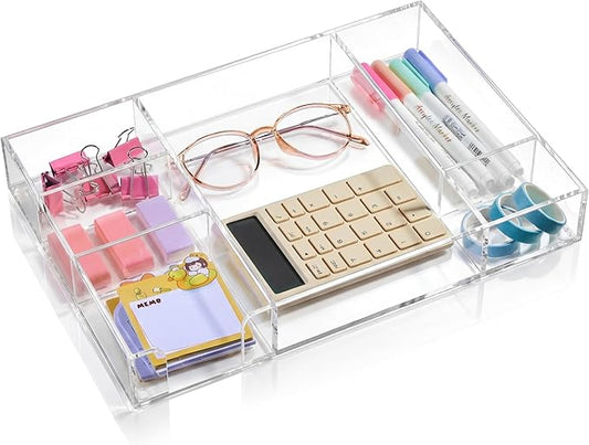 Briwooody Acrylic Drawer Organizer Clear Desk Drawer Organizer Trays with Adjustable Compartments Desk Accessories for Office Stationery Makeup Silverware Bathroom(Adjustable)