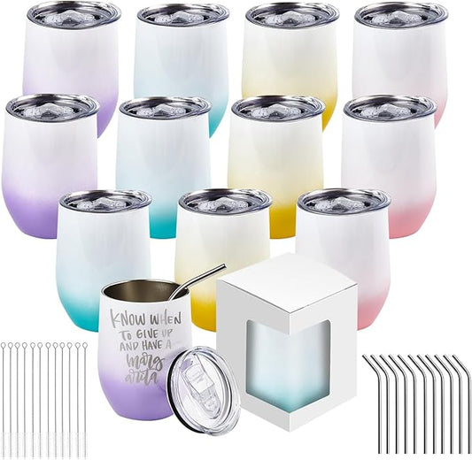 BetterSub 12 Pack 12oz Pink Gradient Wine Tumblers - Double Wall Insulated Sublimation Blanks, Stainless Steel Cups, No Glitter, Include Lid, Metal Straw, Brush, Display Box (12Pack Gradient Color)