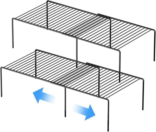 Kitchen Cabinet Expandable Shelf Organizers Set of 2, Adjustable Metal Wire Pantry Storage Shelves, Plate Dish Organizer Rack for Cabinets, Cupboard, Counter, Freezer, Countertop, Black