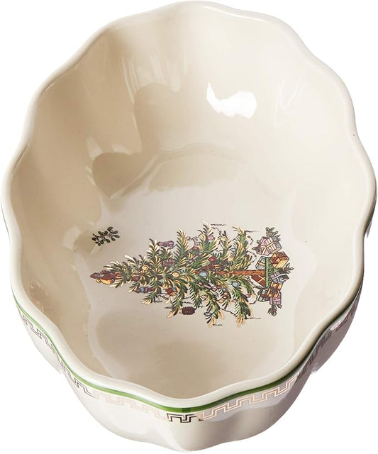 Spode Christmas Tree Gold Cranberry Dish & Server - 8" Festive Serving Bowl & 8" Metal Handled Spoon for Holiday Appetizers, Desserts, Seasonal Dishes - Dishwasher Safe Tableware