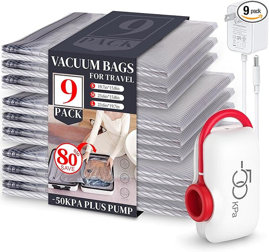 VMstr 9 Pack Vacuum Storage Bags for Travel, Carry-on Size Space Saver Bags for Luggage Clothes and Clothing Compression Packing, High Pressure Electric Pump(DC Power)