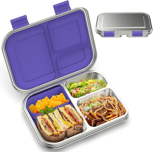 BOSEDSANG Stainless Steel Kids Leak-Resistant Bento Lunch Box, 3-Compartments with Silicone Container, Dishwasher-Safe, Child-Friendly Design for School, Picnics & Travel,BPA-Free(Purple)