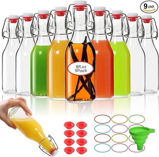 AuroTrends 8 oz Swing Top Glass Bottles with Lids 9 Pack- Airtight Flip Top Glass Bottles for Vanilla Extract, Home Brewing, Beverages, Oil & More