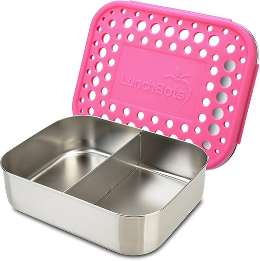 LunchBots Medium Duo Snack Container - Divided Stainless Steel Food Container - Two Sections for Half Sandwich and a Side - Eco-Friendly - Dishwasher Safe - Stainless Lid - Pink Dots