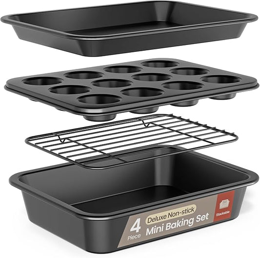 Bakken 4-Piece Bakeware Sets, Nonstick Carbon Steel Baking Sheet, Stackable Space-Saving Bakeware, Dishwasher Safe, Stain-resistant, PFOA, PFOS, & PTFE Free, Oven Safe Up To 450°F, Black