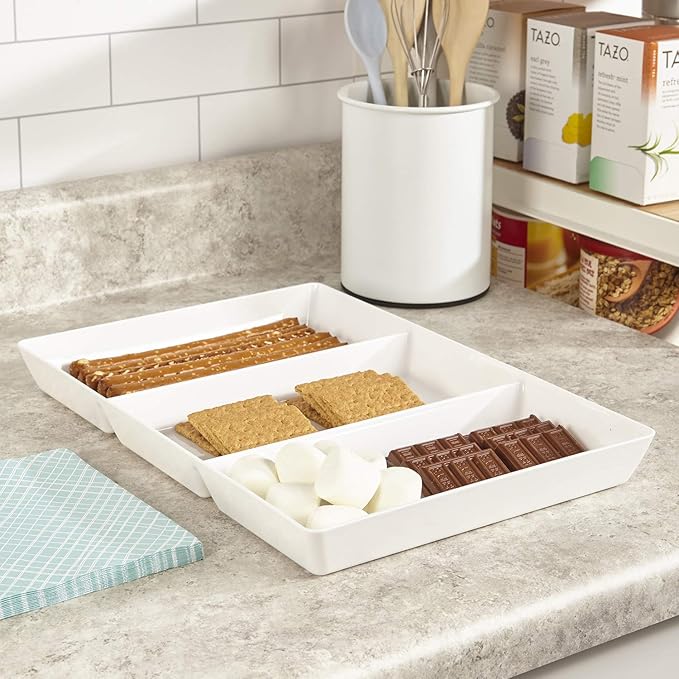 US Acrylic Avant White Plastic Divided Serving Trays (Set of 3) 15” x 10” | Large Reusable 3-Section Party Platters | Serve Appetizers, Fruit, Veggies, & Desserts | BPA-Free & Made in USA