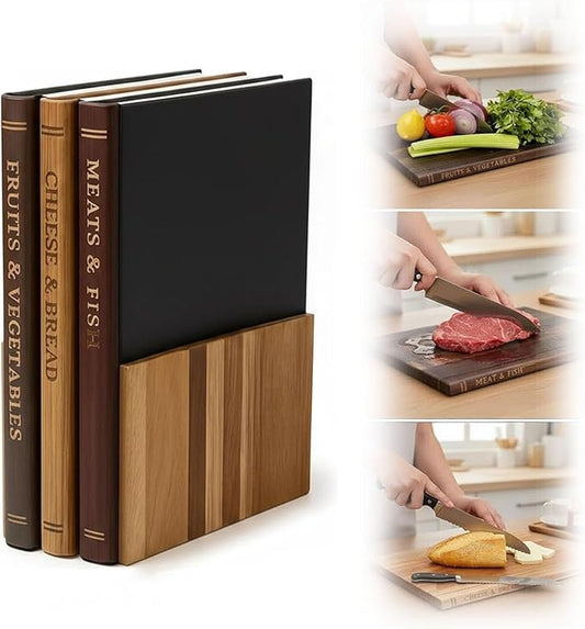 Book Bamboo Cutting Board, Acacia Wood Chopping Board set with Storage Stand, Serving Board Easy to Clean, Ideal Charcuterie Chopping for Meat, Countertop Accent