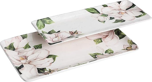 Bico Magnolia Floral Ceramic 14 inch Rectangular Serving Platter, Set of 2, for Serving Salad, Pasta, Cheese, Ham, Appetizer, Microwave & Dishwasher Safe