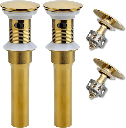 Bathroom Sink Drain, 2 Pack Gold Drain Stopper Bathroom Sink with Overflow, Pop Up Drain Assembly with Detachable Strainer Basket, Built-in Anti-Clogging Strainer,Stainless Steel