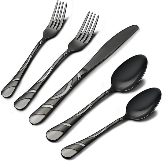 Black Silverware Set for 12, 18/0 Stainless Steel Frosted & Mirror Finish 60-Piece Flatware Set, Modern Cutlery Set for Wedding Restaurant Housewarming Party Event Serving For 12