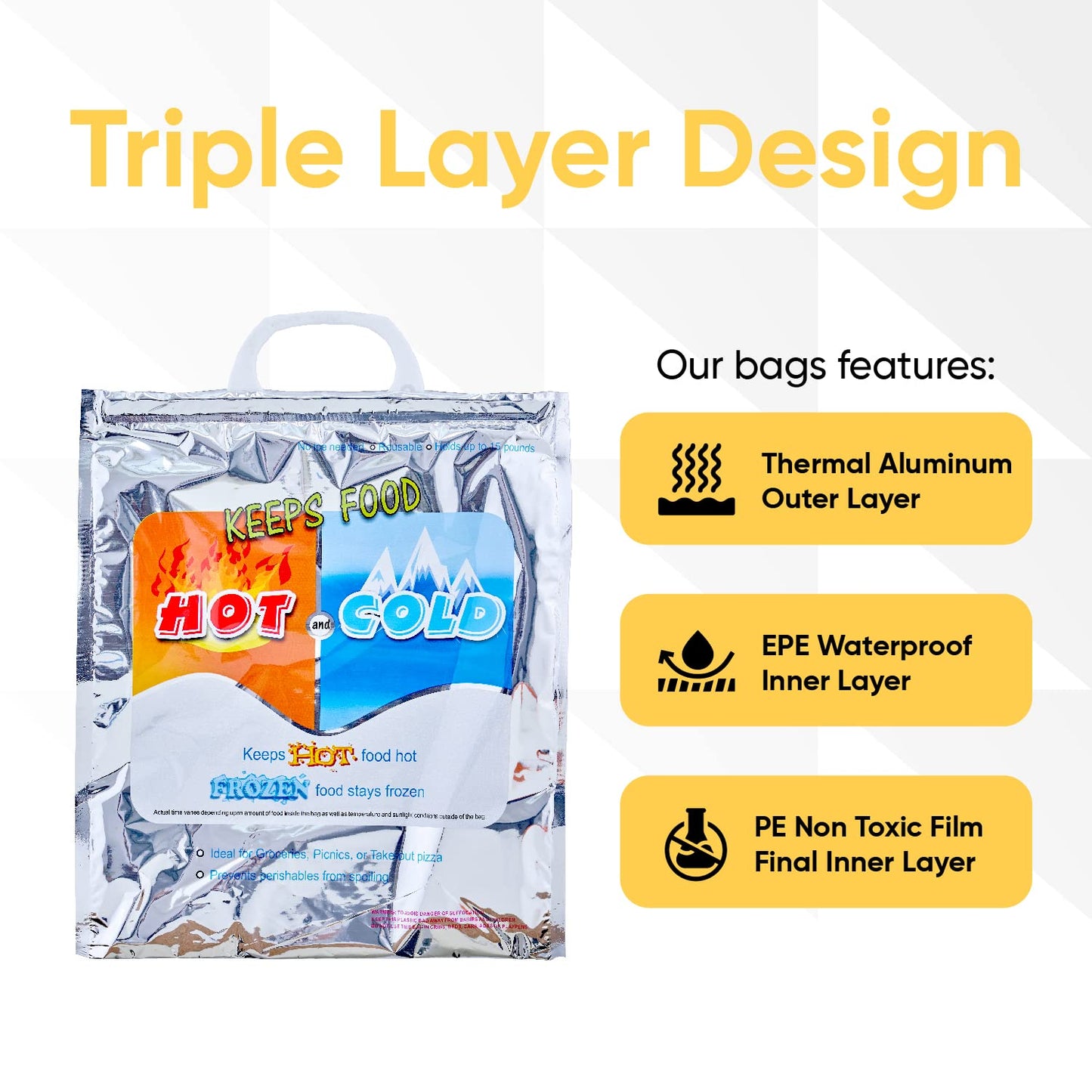 Superio Hot & Cold Insulated Bags for Food Delivery & Grocery Shopping - Reinforced Thermal Lunch Bag (3, 20"x19")