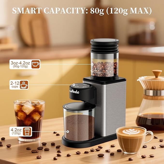 Wancle Conical Burr Electric Coffee Grinder with Touchscreen Coffee Bean Grinder - Precision Timer, 25 Grind Settings, Anti-Static, Stainless Steel, Easy to Clean