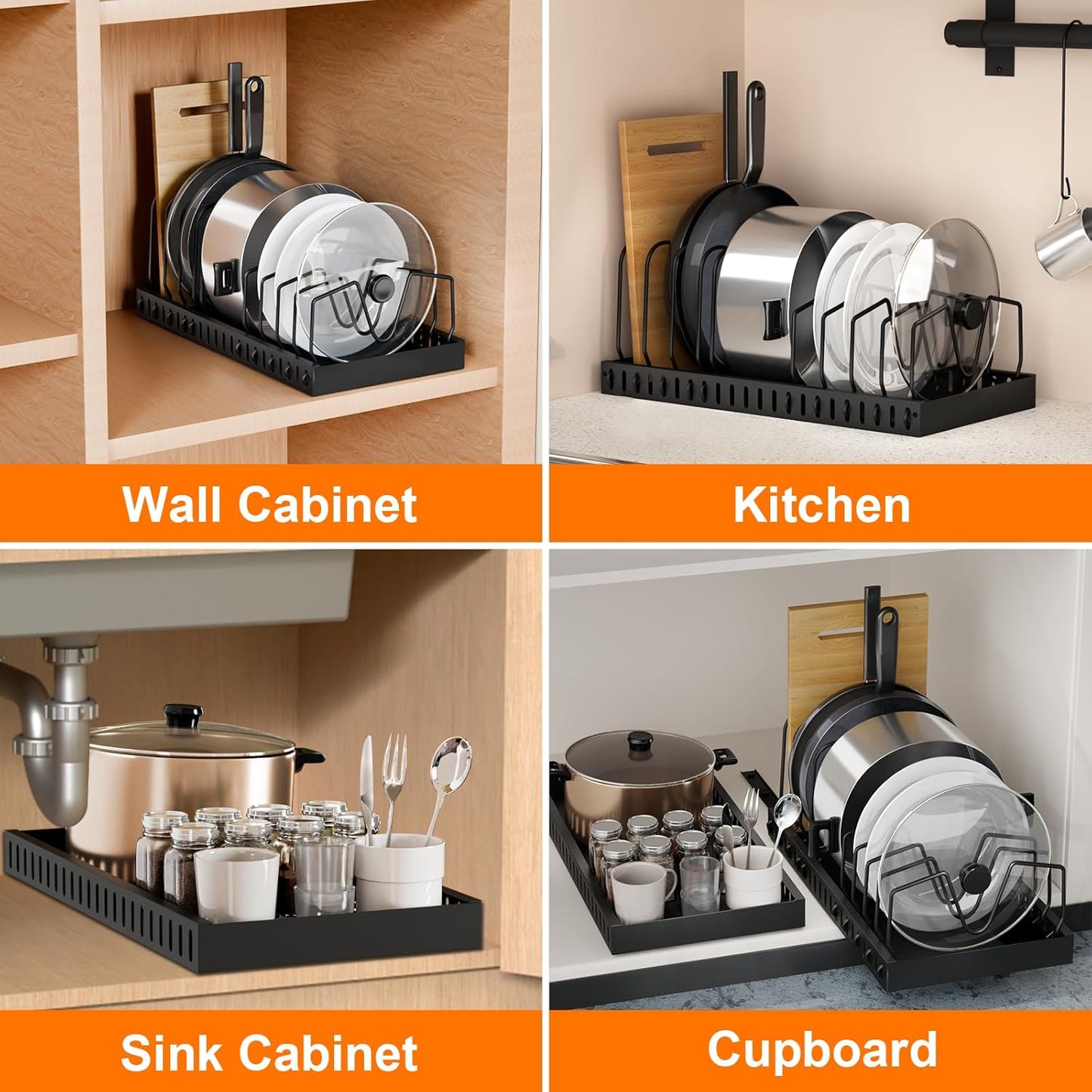 FLSEPAMB Pots and Pans Organizer for under Cabinet 2 Pack 10-Tier Pot Pull Out Cabinet Organizer Sliding Pot, Cabinet Pull Out Shelves with Two Types of Shelves for Pots, Lids, Bottles and Pans