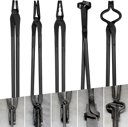 Blacksmith Tongs Set - V-Bit, Flat, Blade, Square Jaw, Wolf Jaw Tongs (5PCS)