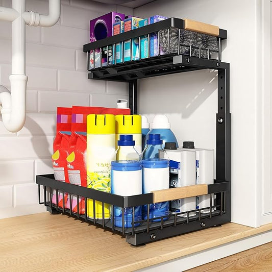 PXRACK Large Under Sink Organizer, Adjustable Height, 2-Tier Slide Out,Thickened Metal Shelf Under Sink Storage for Kitchen, Bathroom, Cabinet,Pantry,Black,1 PACK,Small Space-saving