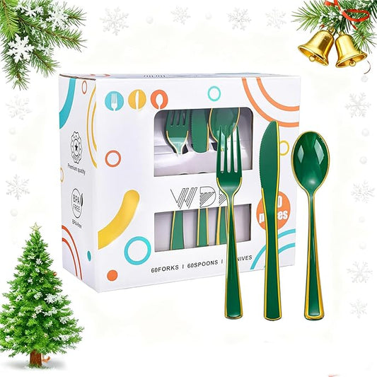 WDF 180PCS Green Plastic Silverware - Green Utensils 60 Forks, 60 Knives and 60 Spoons - Heavy Duty Christmas Plastic Cutlery for Party Supplies/Christmas