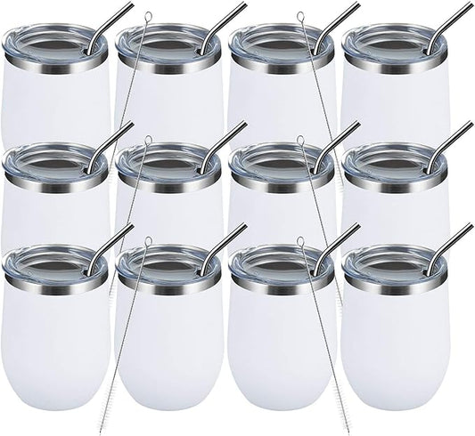 MEWAY 12 OZ/12 Pack Wine Tumbler Glasses with Lid -Double Wall Vacuum Stainless Steel Travel Tumbler Mug,Stemless Insulated Wine Cup for,Coffee,Cocktails,Gifts (White,Set of 12)