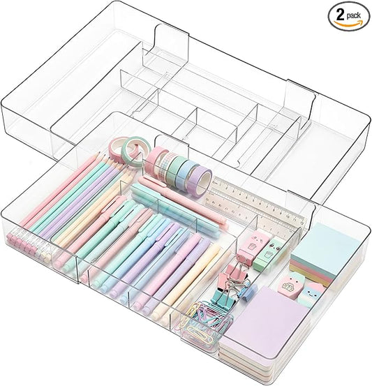 Briwooody 2 Pcs Large Expandable Acrylic Drawer Organizers, Grid Adjustable Drawer, Dividers Organizer for Desk, Makeup, Jewelry, Office, Kitchen Supplies (Clear,8 Compartments)