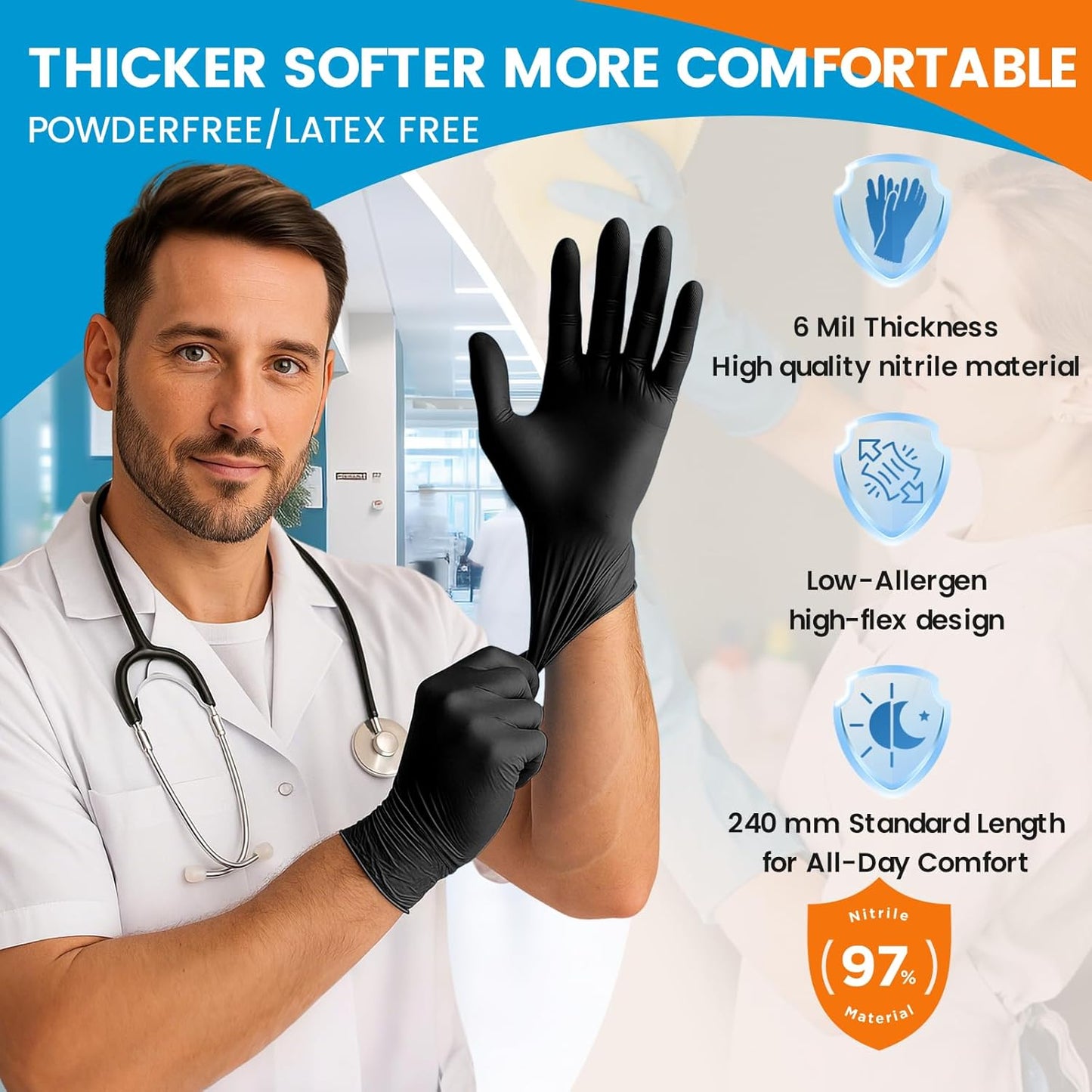 6 mil Disposable Nitrile Gloves, Heavy Duty Disposable Glove, Cooking Gloves, Latex Free, Powder Free (Black of 100, Small)