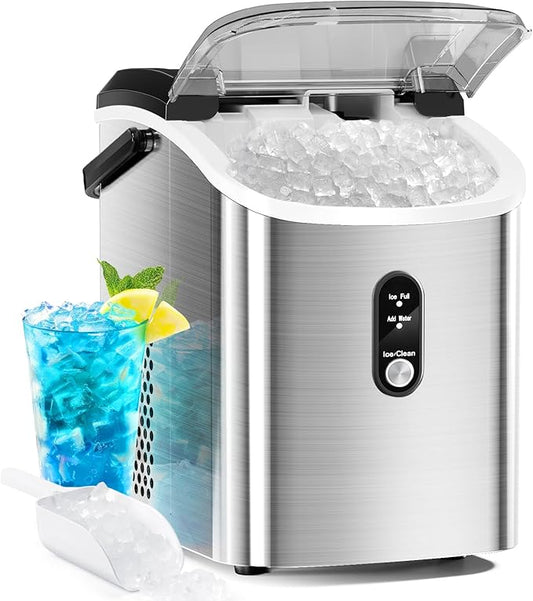 Antarctic Star Nugget Countertop Ice Maker with Soft Chewable Ice, 34Lbs/24H, Pebble Portable Ice Machine with Ice Scoop, Self-Cleaning, One Button Operation, for Kitchen,Office Stainless Steel Silver