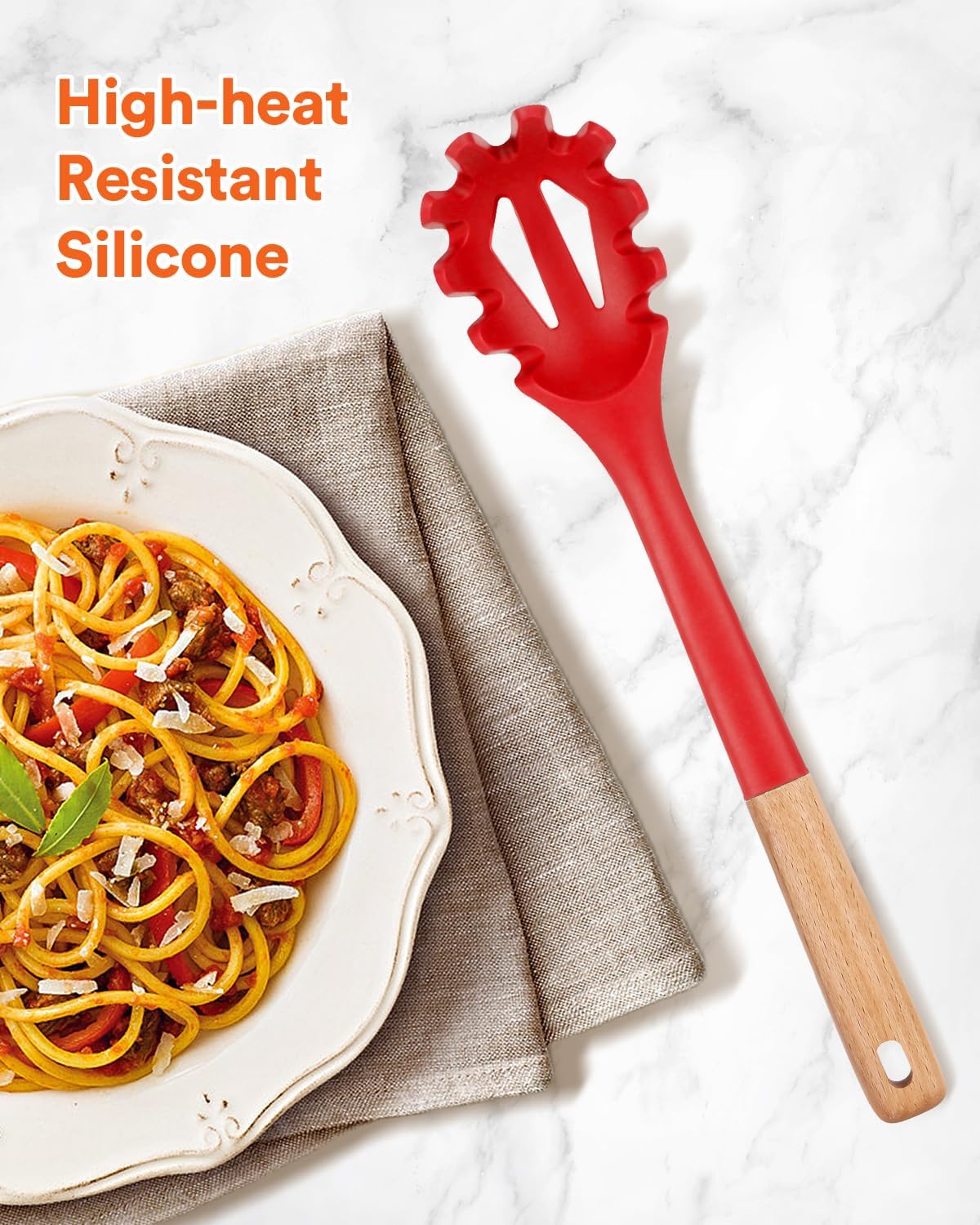 Silicone Pasta Fork, Kitchen Heat Resistant Noodle Spoon Server, BPA Free Spaghetti Strainer,12.8 inch (RED)