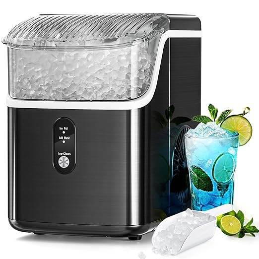Antarctic Star Nugget Ice Makers Countertop, Portable Ice Machine with Ice Scoop & Basket, 34Lbs/24H, Self-Cleaning, One Click Operation for Camping/RV/Party (Stainless Steel Black)