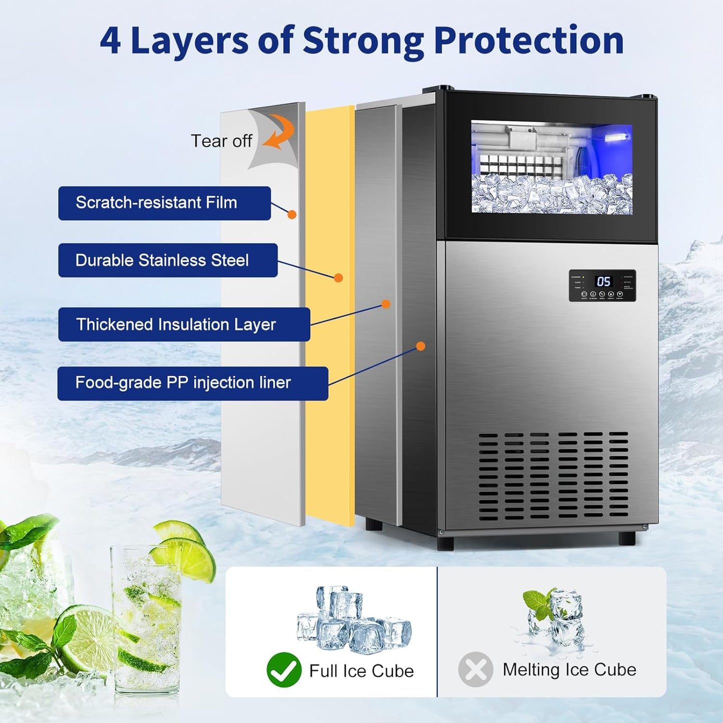 Commercial Ice Maker 130 LBS/24H, Upgraded 15" Wide Under Counter Ice Maker with 35LBS Ice Capacity, Commercial Ice Machine Self Clean Stainless Steel Built-in or Freestanding Large Ice Machine