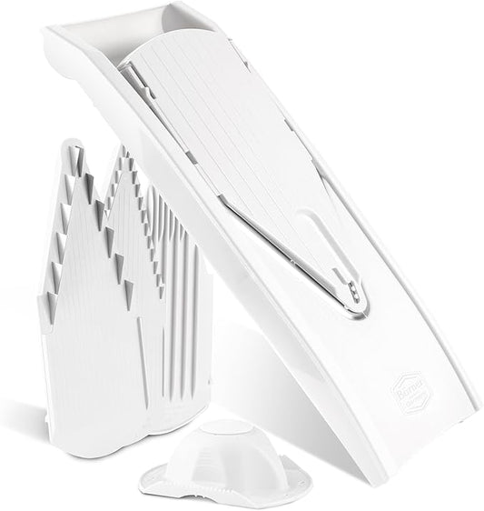 Börner by Reston Lloyd Mandoline Slicer V1 (Starter Set) • V-Slicer with 5 Thickness Settings & Food Holder • Adjustable Kitchen Slicer for Vegetables & Fruits • Color: White
