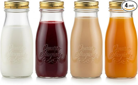 Bormioli Rocco Quattro Stagioni Bottles – 13.5 Oz. Glass Jars with Twist Lids, Microwave & Dishwasher Safe – For Canning, Cocktails, Gifts, Party Favors & Holiday Décor – Made in Italy (Set of 4)