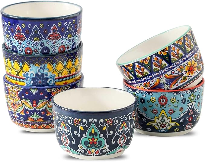 Glowworm 8 Oz Ramekins Set of 6, Ceramic Creme Brulee Ramekins, Colorful Souffle Dishes for Snacks, Ice Cream, Pudding Custard Cups for Baking, Oven & Dishwasher Safe, Bohemian