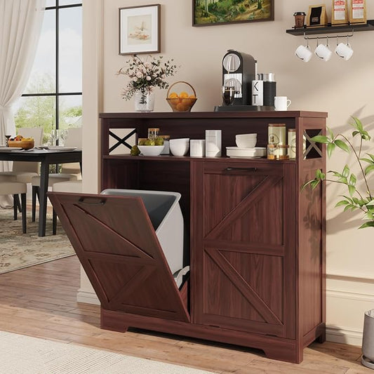 Befrases Double Tilt Out Trash Can Cabinet for 13 * 2 Gallon Garbage Can, Farmhouse Kitchen Garbage Trash Bin for Hidden Laundry Basket, Dual Dog Proof Recycling Cabinet for Living Room, Dark Brown