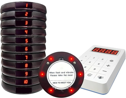 Restaurant Buzzer System, 10 Coaster Beeper Pager System with Buzzer, Customer Queue Pagers Set with Vibration, Flashing and Buzzer, for Food Truck, Church, Nursery