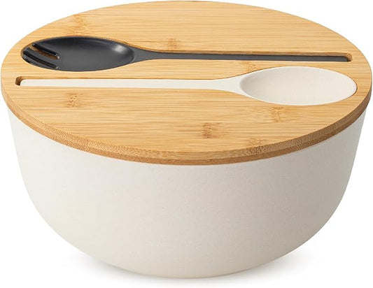 BAMBOO LAND- Large Salad Bowl with Wooden Lid, 10 Inch/108 Oz, White, Bamboo Fiber Salad Bowl with Serving Utensils, Wide Applications