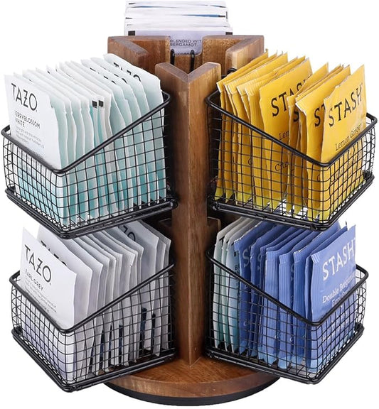 HTB Carousel Tea Bag Organizer for Counter, 2 Tier Tea Bag Holder with 6 Removable Tea Baskets and Acacia Wood Station, Tea Organizers and Storage for Cabinet, Countertop