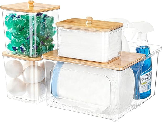Trash Bag Dispenser Dryer Sheet Holder - 5 in 1 Plastic Garbage Bag Pantry Organizers and Storage, Clear Dishwasher Laundry Pods Container with Bamboo Lid, Under Sink Organizer Powder Detergent Jars