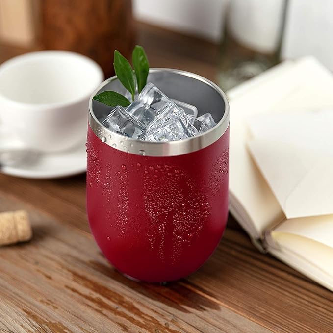 MEWAY 12oz/8 Pack Wine Tumbler Glasses with Lid - Stemless Double Wall Vacuum Stainless Steel Travel Tumbler - Keeping Cold & Hot for Wine,Coffee,Cocktails,Drinks-Family and Gifts (Red,Set of 8)