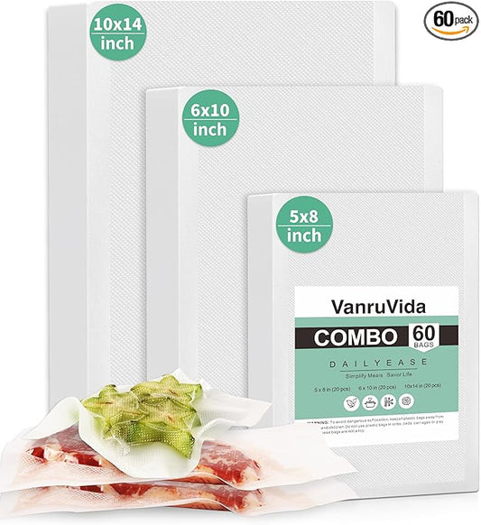 VanruVida Vacuum Sealer Bags for Food,5” x 8”,6” x 10”,10” x 14”,60 Count,Commercial Grade Textured Pre-Cut Seal Bags,BPA Free Food Storage Bags for Freezer, Meal Prep, or Sous Vide