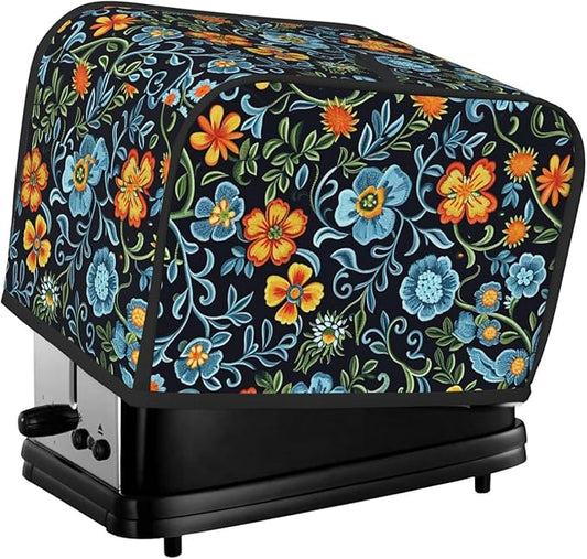 Blue Floral Toaster Cover 2 Slice, Cute Rural Bread Machine Cover, Washable Dust-Proof Cover for Kitchen Small Appliance Cover,with Top Handle