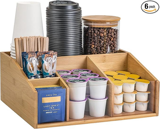 Bamboo Coffee Station Organizer for Countertop, Coffee Bar Accessories Organizer with 6 Compartments for Tea Bags Condiment, Pods, Creamer, Syrup, Cups