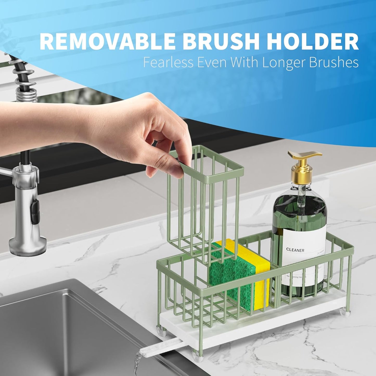 Cisily Sage Green Sponge Holder for Kitchen Sink, Sink Caddy Organizer with High Brush Holder, Kitchen Countertop Organizers and Storage Essentials, Rustproof 304 Stainless Steel, Soap Dispenser
