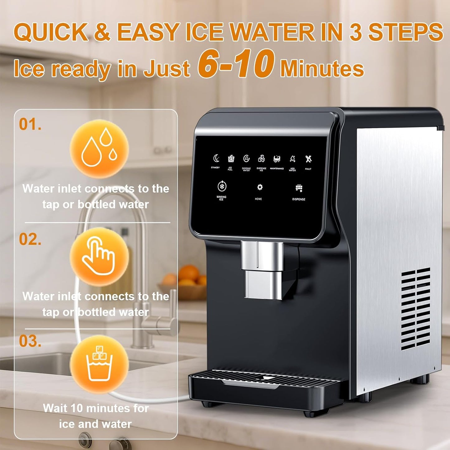 15" Wide Commercial Under Counter Ice Maker – 120 lbs/Day, 25 lb Storage Bin, Auto-Cleaning & 24H Timer, Gravity Drain, Built-in or Freestanding Stainless Steel Ice Machine for Home & Business