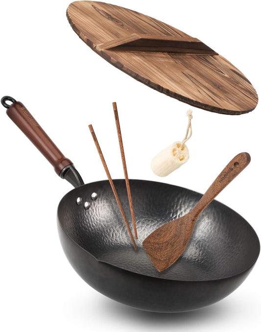 Wok Pan 12.5", Woks and Stir Fry Pans with lid, Carbon Steel Wok with Cookware Accessories, Flat Bottom Suits for all Stoves