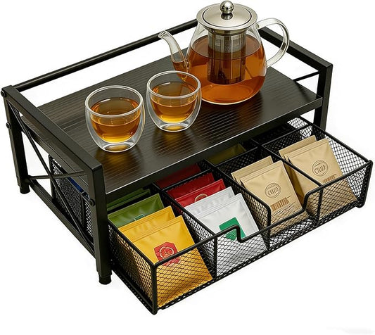 Tea Bag Organizer With Adjustable Drawer, Teabag Bar Holder Organizer For Counter, Wood ＆ Metal Station Storage Chest Display, Coffee Packet Containers Box For Countertop Kitchen Office Black