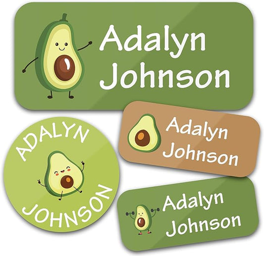 Personalized Daycare Name Labels for Kids (130 Labels) - Custom Waterproof Name Stickers for Clothing Tags, Water Bottles, Lunch Boxes and School Supplies (Avocados)