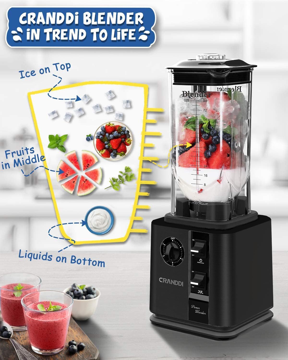 CRANDDI Commercial Blenders 1800W, 80oz Professional High-Speed Countertop Blenders for Smoothies, Self-Cleaning, Come with Tamper and 20oz to-go cup, K95 (Black)