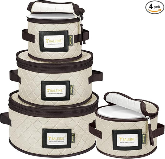 BALEINE China Storage Containers, Sturdy Quilted Wine Glass Storage, Plate Organizer with Carry Handles, Moving Boxes for Dishes, Cups, Mugs and Stemware (Plate Set, Soft Shell Cream)